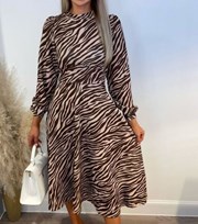 Missfiga Brown Zebra Print High Neck Midi Dress